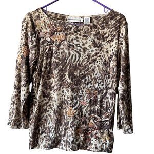 DANA BUCHMAN Cheetah‎ Animal Print Top Womens Sz. Large Brown Sequin Butterfly